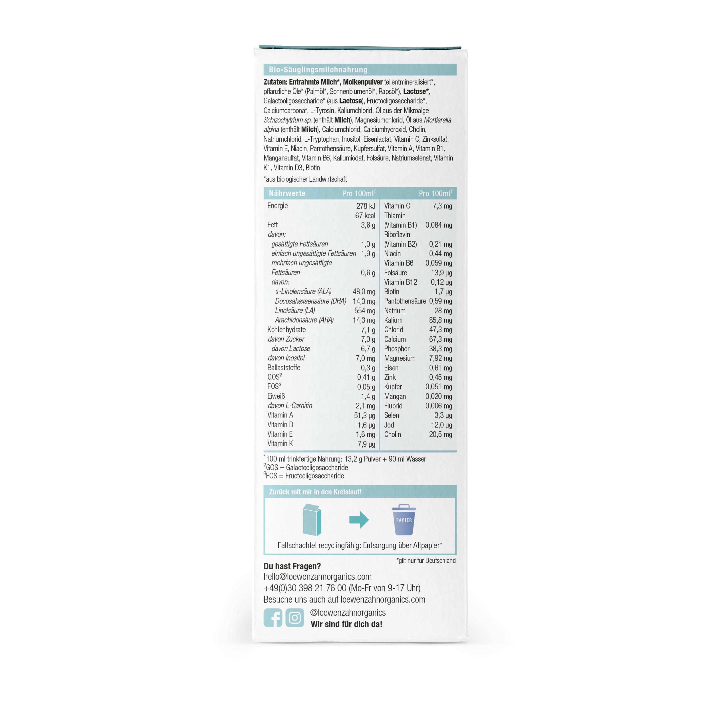 Pre Anfangsmilch Packung Zutaten